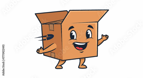 Friendly moving box mascot character waving hello with speedy delivery lines, perfect for shipping and logistics promotions with a fun, positive vibe