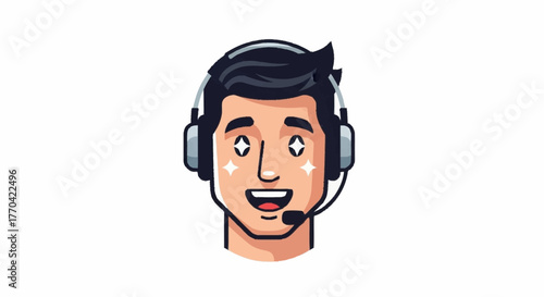 Cartoon gamer with headset is ready to play, streaming star with bright eyes and winning smile, esports icon, ready for action, game on, player one