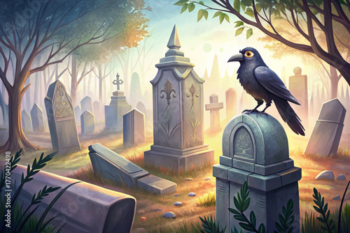 Black crow perched on old tombstone surrounded by morning fog in cemetery