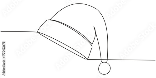 Continuous one line art drawing of Santa cap. Christmas Santa hat one line icon vector illustration.
