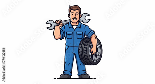 Reliable mechanic ready to service your vehicle with a smile and expert repair, providing automotive assistance with tools and tires in hand for auto care