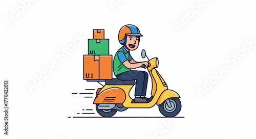Speedy delivery guy on scooter with packages brings fast, reliable service right to your door with a smile, perfect for modern businesses