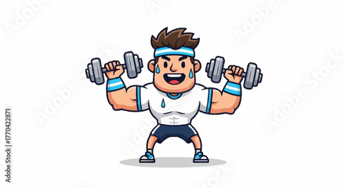 Energetic cartoon weightlifter pumping iron with dumbbells, perfect for fitness app illustrations or gym promotions that need a vibrant, fun character