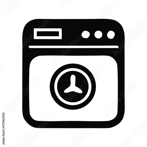 Sleek black and white icon of a front-loading laundry appliance, symbolizing efficiency in household chores, textile care, and modern living and cleanliness