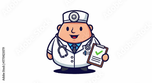 Friendly doctor cartoon mascot with stethoscope happily holding clipboard with green checkmark, perfect for healthcare marketing and children's health campaigns