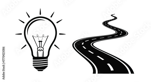 A winding road leading to a bright idea symbolic illustration