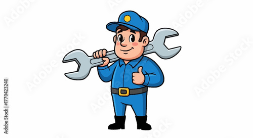 Friendly cartoon mechanic gives a thumbs up while holding a wrench, perfect for automotive service ads or educational materials for kids learning about tools