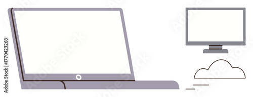Open laptop, standalone monitor, and cloud connection symbolizing data sharing, remote collaboration, and digital connectivity. Ideal for technology, remote work, cloud storage, communication