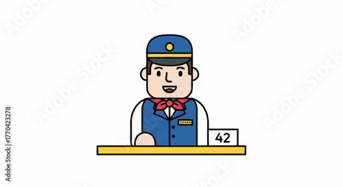 Friendly hotel concierge ready to assist guests with check in, a welcoming face in the hospitality industry, simple flat vector design for travel visuals
