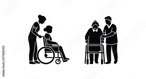 Healthcare support Nurses assisting elderly patients with mobility assistance devices
