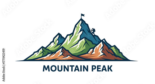 A colorful illustration depicting a mountain peak with a climber