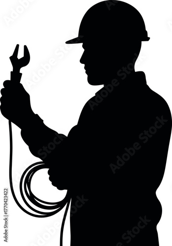 Black silhouette tradesman holding tool and cable worker