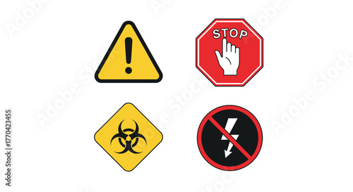 Collection of warning signs including stop hazard biohazard and electrical