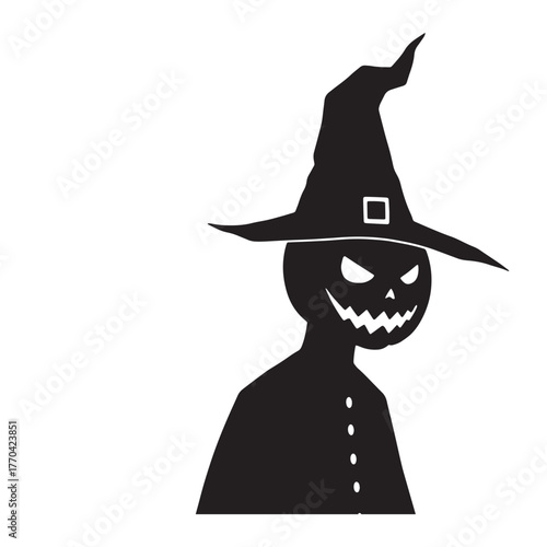 Silhouette of a grinning pumpkin character in a witch hat