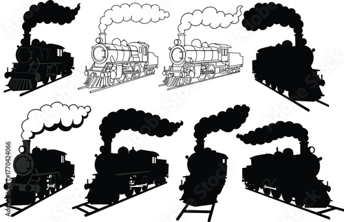 Steam locomotive vector set with detailed line art and matching silhouettes for vintage train design, history, and educational illustration use