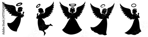stylized illustration of five angels with wings and halos in various poses on a white background