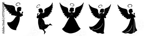 a collection of five angel silhouette illustrations with halos