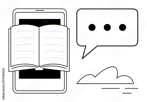 Open book displayed on smartphone alongside speech bubble and cloud. Ideal for education, e-learning, communication, knowledge sharing, digital library, technology, mobile apps. Minimalist flat