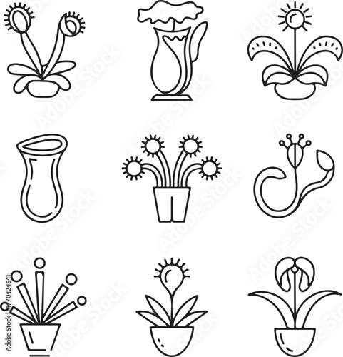 A set of line art icons of carnivorous plants: venus flytrap, pitcher plant