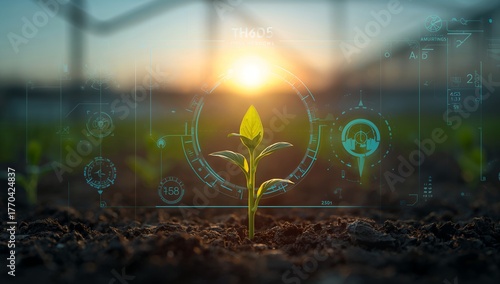 a tiny seedling sprouts, symbolizing growth, innovation, and the fusion of technology and nature