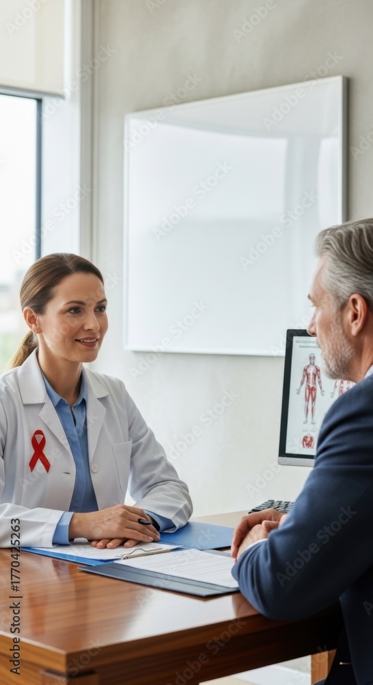 Obraz premium Woman doctor with red ribbon talking with patient about health in office. Consultation.
