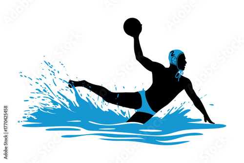 A silhouette of a water polo player in action during a game.