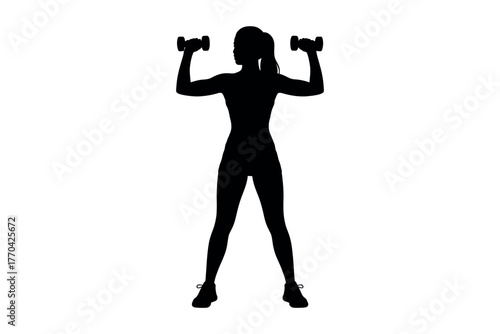 Silhouette of a woman lifting dumbbells to strengthen her arms and shoulders.