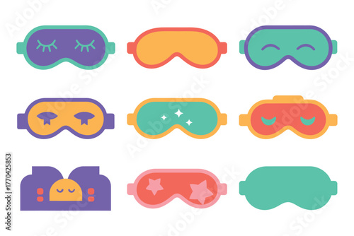 A collection of various colorful sleep masks are displayed in a grid.