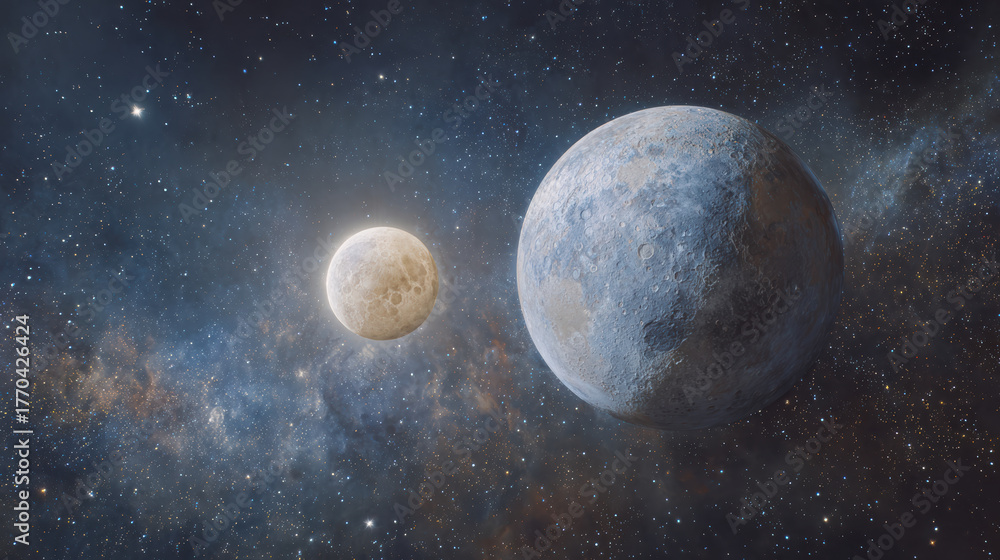 Fototapeta premium Serene fantasy illustration of planet, moon, and star in vast galaxy. deep space universe background creates beautiful night scene