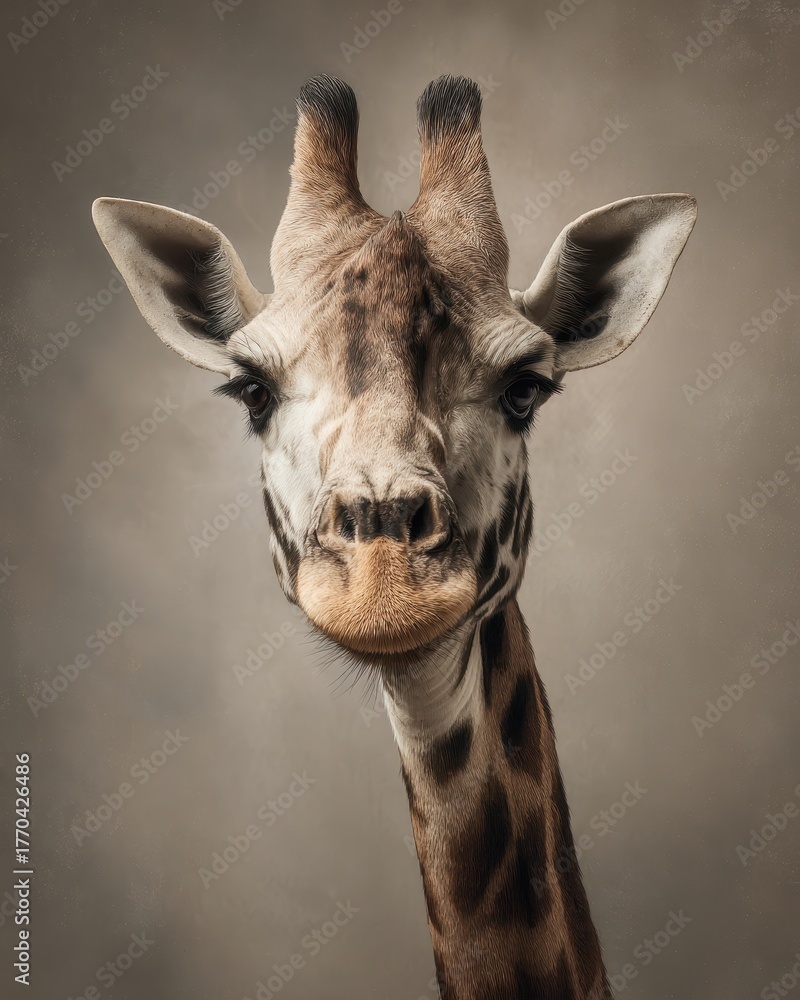Obraz premium Close-up of a Majestic Giraffe Against a Textured Background Displaying Its Unique Features