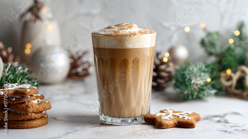Gingerbread Latte on White Marble with Christmas Decorations