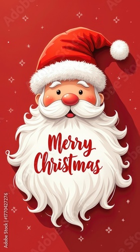 Cheerful Santa Claus illustration with a fluffy white beard and red hat, featuring festive elements and a joyful holiday greeting for Christmas celebrations