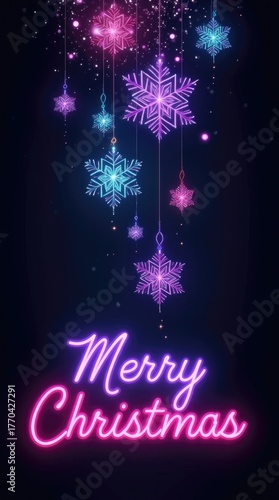 Colorful neon snowflakes and festive lights create a vibrant holiday atmosphere with a glowing 