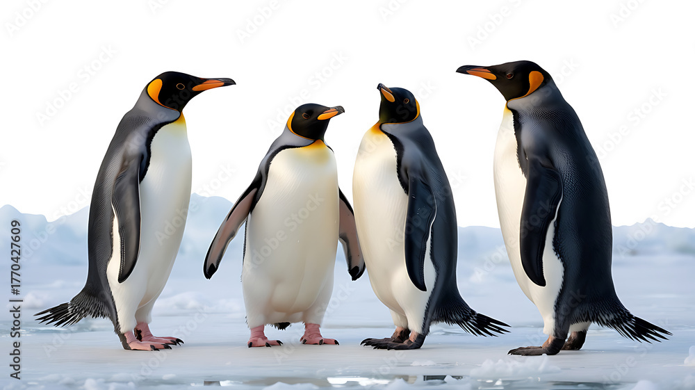 Fototapeta premium Group of penguins stand proudly on icy terrain, displaying striking black and white plumage.