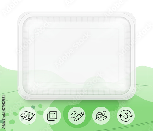 Clear tray container mockup with set icons. Vector illustration on colour background. Layered template file easy to use for your promo product: meat of animals, chicken, fish and other food. EPS10.
