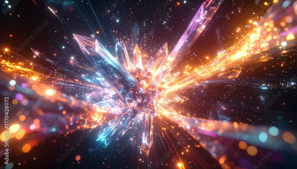 Fototapeta premium Abstract futuristic background of a glowing crystal energy explosion