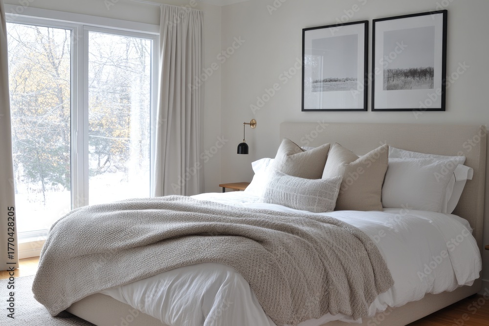 Fototapeta premium Tranquil winter bedroom with soft layered blankets and warm lighting