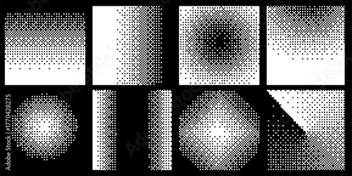 Abstract Y2K Pixel Gradation Dithering Halftone Fade Gradation Effect Graphic Design Elements Set. Bitmap Raster Dithering Transition Effect. Vector Illustration with Bold Brutalist Design.