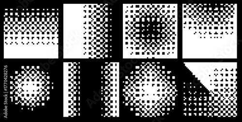 Vector illustration set showcases abstract Y2K pixel gradation with brutalist halftone dithering and bold fade transitions in white on black. Varied geometric retro-futuristic shapes.
