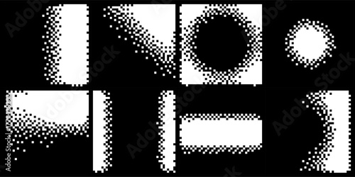 Abstract Y2K Pixel Gradation Dithering Halftone Fade Gradation Effect Graphic Design Elements Set. Bitmap Raster Dithering Transition Effect. Vector Illustration with Bold Brutalist Design.