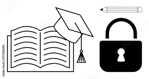 Open book with graduation cap symbolizes learning, pencil for writing or creativity, padlock represents security or privacy. Ideal for education, online learning, knowledge protection, academic