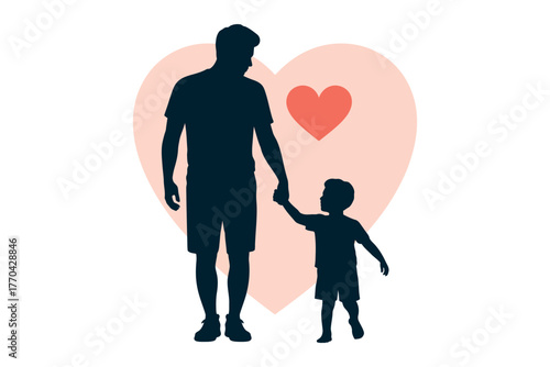 A father and son hold hands in front of a large heart symbolizing love.