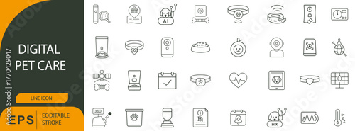 Digital Pet Care Line Icon Pack – Editable Stroke Vector Symbols of Smart Pet Technology and Veterinary Services