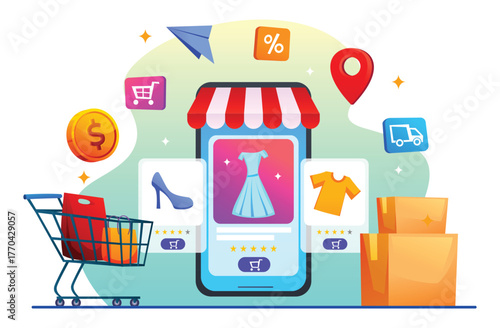 Mobile online shopping concept with a large screen storefront, cart, delivery boxes, and discount icons floating around. Vector cartoon illustration