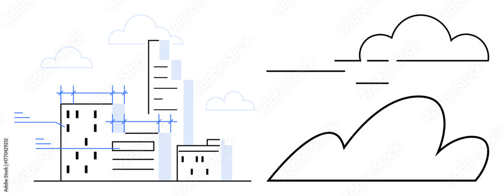 Obraz premium Abstract city buildings in a blueprint style paired with simple cloud outlines. Ideal for architecture, urban planning, design, creativity, conceptual thinking, innovation, and minimalism. A simple