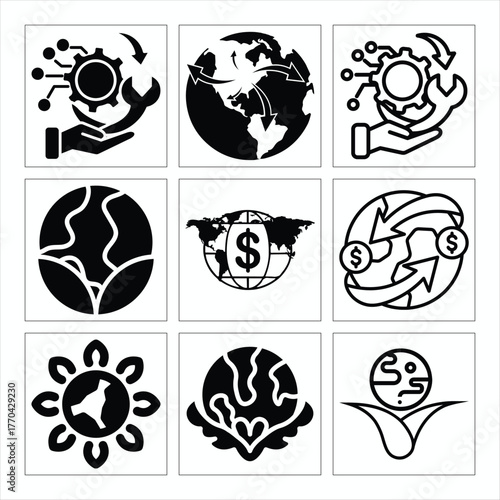 Collection of global related icons representing various aspects and themes