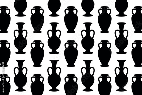 A pattern of black silhouettes of ancient Greek amphorae vases on a white background.