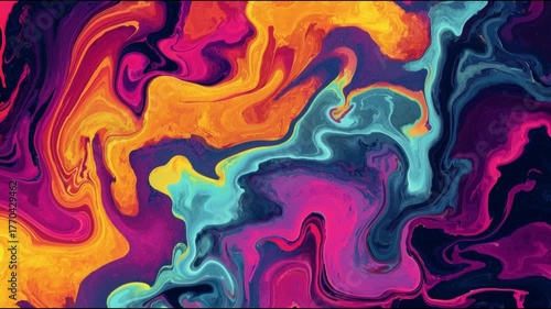 An abstract video background with slowly spreading streaks of bright, multi-colored paint