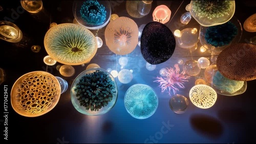 An abstract video background with slowly moving objects that look like bacteria under a microscope.