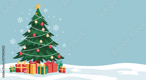 Festive Christmas tree adorned with ornaments and surrounded by beautifully wrapped gift boxes in a snowy winter wonderland setting